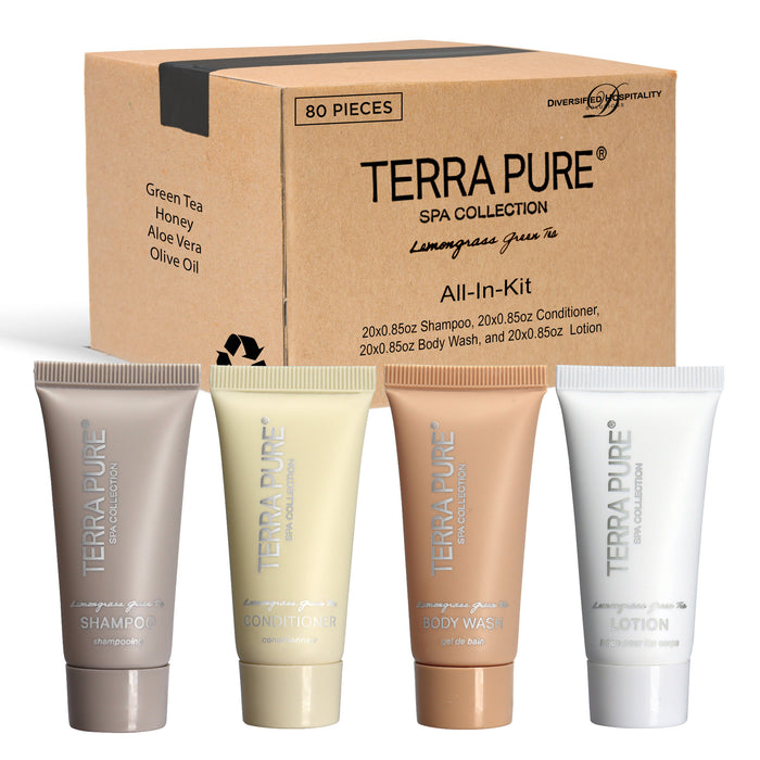 Terra Pure Spa Collection Bulk Set Toiletries| 1-Shoppe All-In-Kit Amenities for Hotels & Airbnb | 0.85 oz Hotel Shampoo & Conditioner, Body Wash & Lotion Travel Size Tubes| 80 Pieces