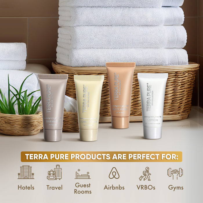 Terra Pure Spa Collection Bulk Set Toiletries| 1-Shoppe All-In-Kit Amenities for Hotels & Airbnb | 0.85 oz Hotel Shampoo & Conditioner, Body Wash & Lotion Travel Size Tubes| 80 Pieces