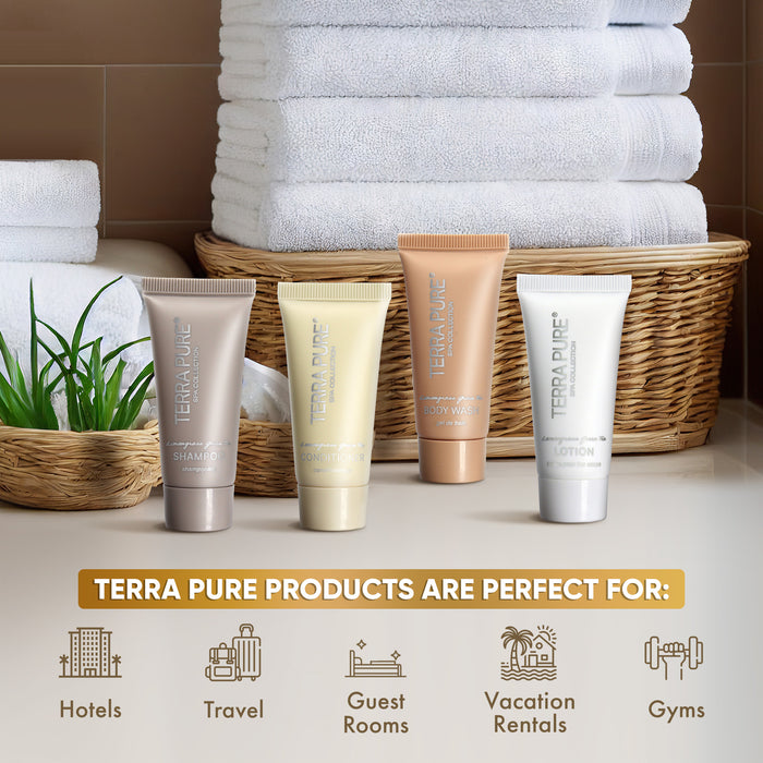 Terra Pure Spa Collection Bulk Set Toiletries| 1-Shoppe All-In-Kit Amenities for Hotels & Airbnb | 0.85 oz Hotel Shampoo & Conditioner, Body Wash & Lotion Travel Size Tubes| 80 Pieces