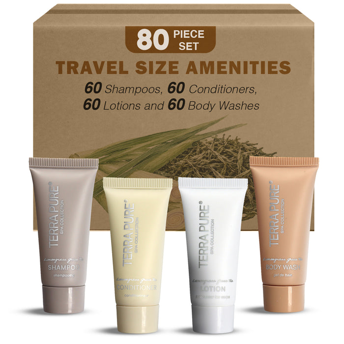 Terra Pure Spa Collection Bulk Set Toiletries| 1-Shoppe All-In-Kit Amenities for Hotels & Airbnb | 0.85 oz Hotel Shampoo & Conditioner, Body Wash & Lotion Travel Size Tubes| 80 Pieces