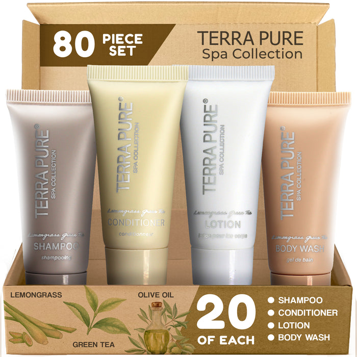 Terra Pure Spa Collection Bulk Set Toiletries| 1-Shoppe All-In-Kit Amenities for Hotels & Airbnb | 0.85 oz Hotel Shampoo & Conditioner, Body Wash & Lotion Travel Size Tubes| 80 Pieces