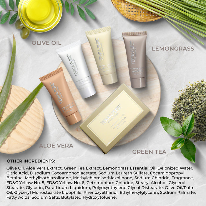 Terra Pure Spa Collection Bulk Set Toiletries | 1-Shoppe All-In-Kit Amenities for Hotels & Airbnb | 0.85 oz Hotel Shampoo & Conditioner, Body Wash, Lotion & Cleansing Bar Travel Size Tubes| 150 Pieces