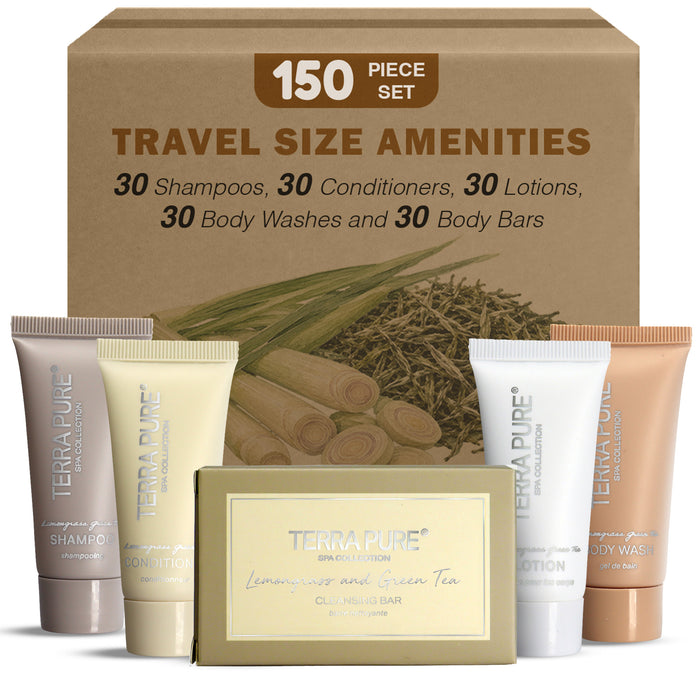 Terra Pure Spa Collection Bulk Set Toiletries | 1-Shoppe All-In-Kit Amenities for Hotels & Airbnb | 0.85 oz Hotel Shampoo & Conditioner, Body Wash, Lotion & Cleansing Bar Travel Size Tubes| 150 Pieces