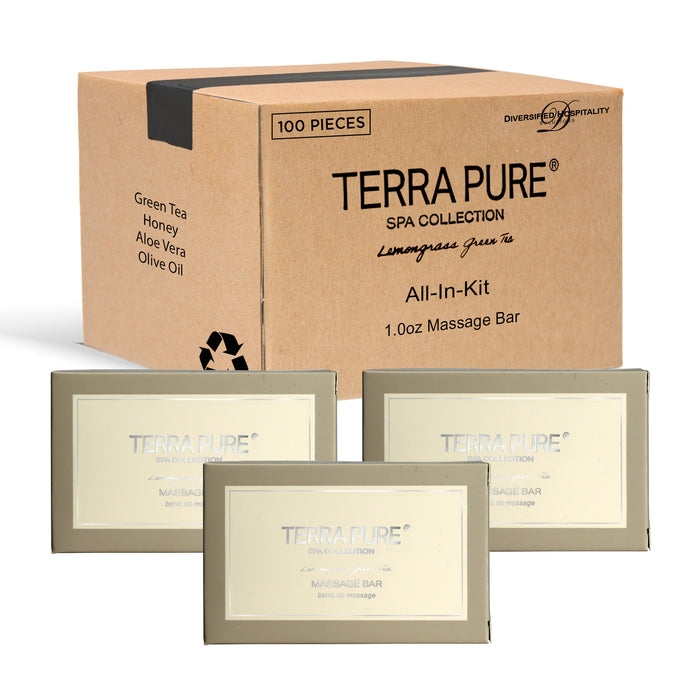 Terra Pure Spa Collection Bulk Set Toiletries | Amenities for Guest Hospitality, Vacation Rental Properties, AirBnBs, Gyms, Airport |Luxury Travel-Size Hotel Massage Bar Wash 1 oz (Case of 100)