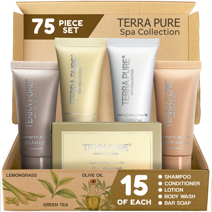 Terra Pure Spa Collection Bulk Set Toiletries | 1-Shoppe All-In-Kit Amenities for Hotels & Airbnb | 0.85 oz Hotel Shampoo & Conditioner, Body Wash, Lotion & Cleansing Bar Travel Size Tubes| 75 Pieces