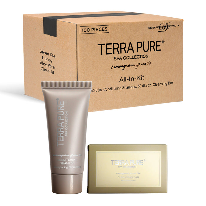 Terra Pure Spa Collection Bulk Set Toiletries| 1-Shoppe All-In-Kit Amenities for Hotels & Airbnb | 0.85 oz Hotel Cleansing Bar and Conditioning Shampoo Travel Size Tube | 100 Pieces