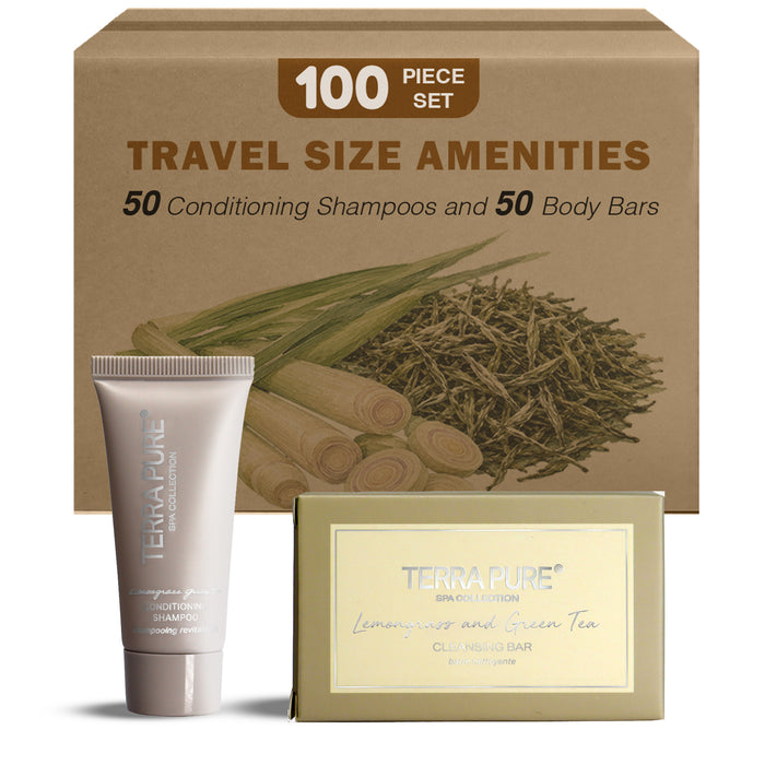 Terra Pure Spa Collection Bulk Set Toiletries| 1-Shoppe All-In-Kit Amenities for Hotels & Airbnb | 0.85 oz Hotel Cleansing Bar and Conditioning Shampoo Travel Size Tube | 100 Pieces