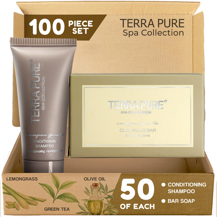 Terra Pure Spa Collection Bulk Set Toiletries| 1-Shoppe All-In-Kit Amenities for Hotels & Airbnb | 0.85 oz Hotel Cleansing Bar and Conditioning Shampoo Travel Size Tube | 100 Pieces
