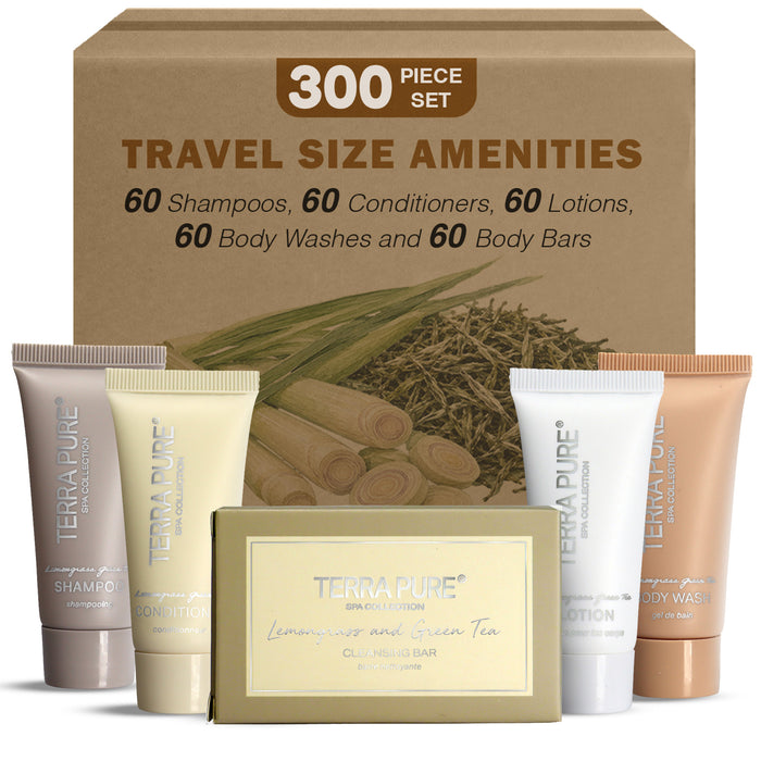 Terra Pure Spa Collection Bulk Set Toiletries | 1-Shoppe All-In-Kit Amenities for Hotels & Airbnb | 0.85 oz Hotel Shampoo & Conditioner, Body Wash, Lotion & Cleansing Bar Travel Size Tubes| 300 Pieces