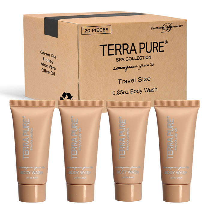 Terra Pure Spa Collection Bulk Set Toiletries | Amenities for Guest Hospitality, Vacation Rental Properties, AirBnBs, Gyms, Airport |Luxury Travel-Size Hotel Body Wash 0.85 oz Tubes (Case of 20)