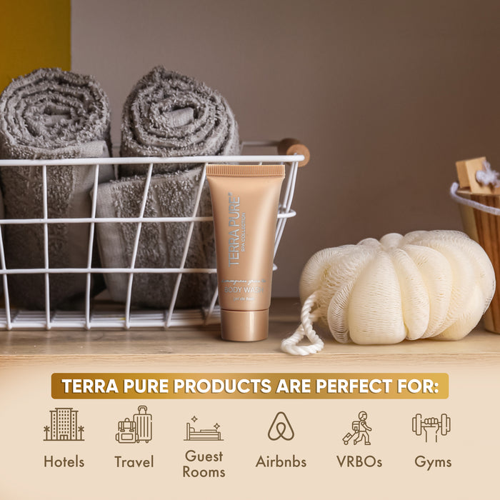 Terra Pure Spa Collection Bulk Set Toiletries | Amenities for Guest Hospitality, Vacation Rental Properties, AirBnBs, Gyms, Airport |Luxury Travel-Size Hotel Body Wash 0.85 oz Tubes (Case of 20)