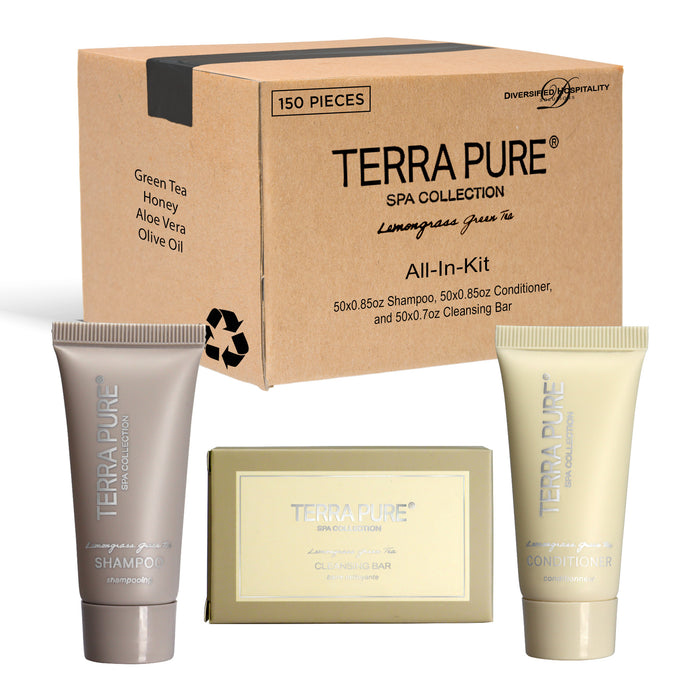 Terra Pure Spa Collection Bulk Set Toiletries | 1-Shoppe All-In-Kit Amenities for Hotels & Airbnb | 0.85 oz Hotel Shampoo & Conditioner, and Cleansing Bar Travel Size Tubes | 150 Pieces