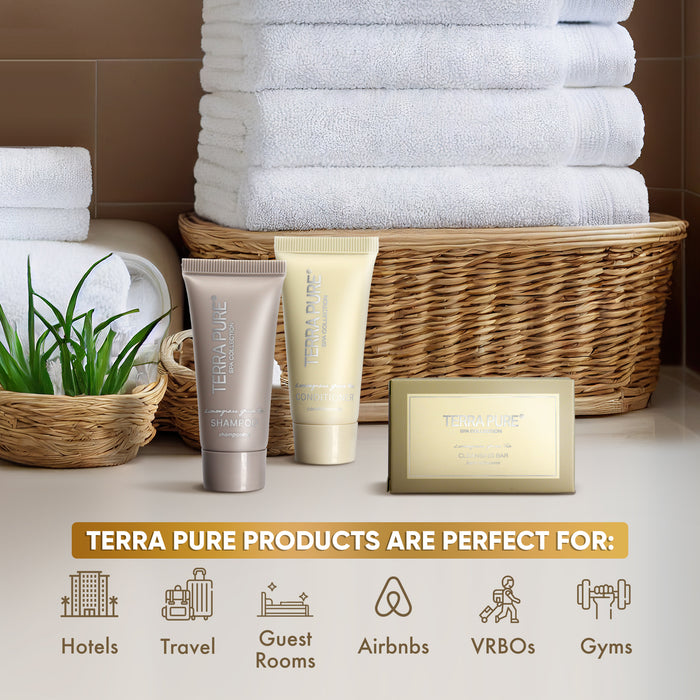 Terra Pure Spa Collection Bulk Set Toiletries | 1-Shoppe All-In-Kit Amenities for Hotels & Airbnb | 0.85 oz Hotel Shampoo & Conditioner, and Cleansing Bar Travel Size Tubes | 150 Pieces