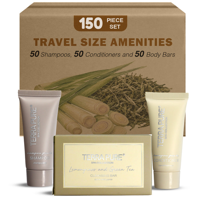 Terra Pure Spa Collection Bulk Set Toiletries | 1-Shoppe All-In-Kit Amenities for Hotels & Airbnb | 0.85 oz Hotel Shampoo & Conditioner, and Cleansing Bar Travel Size Tubes | 150 Pieces