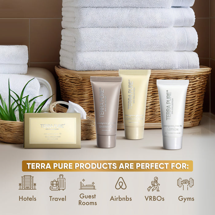 Terra Pure Spa Collection Bulk Set Toiletries | 1-Shoppe All-In-Kit Amenities for Hotels & Airbnb | 0.85 oz Hotel Shampoo & Conditioner, Lotion, and Cleansing Bar Travel Size Tubes | 200 Pieces