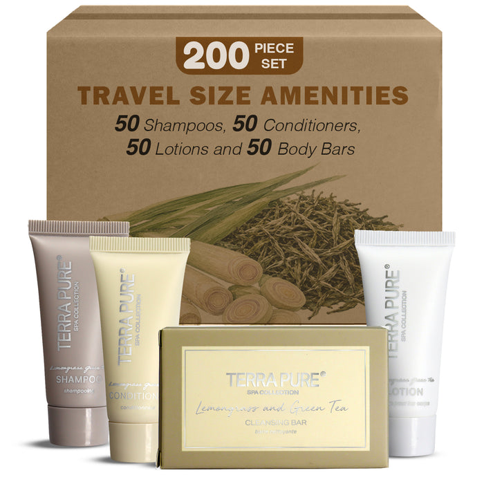 Terra Pure Spa Collection Bulk Set Toiletries | 1-Shoppe All-In-Kit Amenities for Hotels & Airbnb | 0.85 oz Hotel Shampoo & Conditioner, Lotion, and Cleansing Bar Travel Size Tubes | 200 Pieces