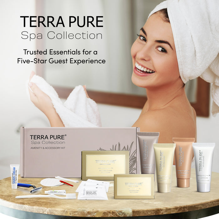 Terra Pure Spa Collection Amenity & Accessory Kit |1 oz Travel Size Shampoo, Conditioner, Lotion, Body Wash, 2 Soap Bars, Shave & Dental Sets, Make-Up Remover Wipes, & Vanity Kit | 15 sets/case