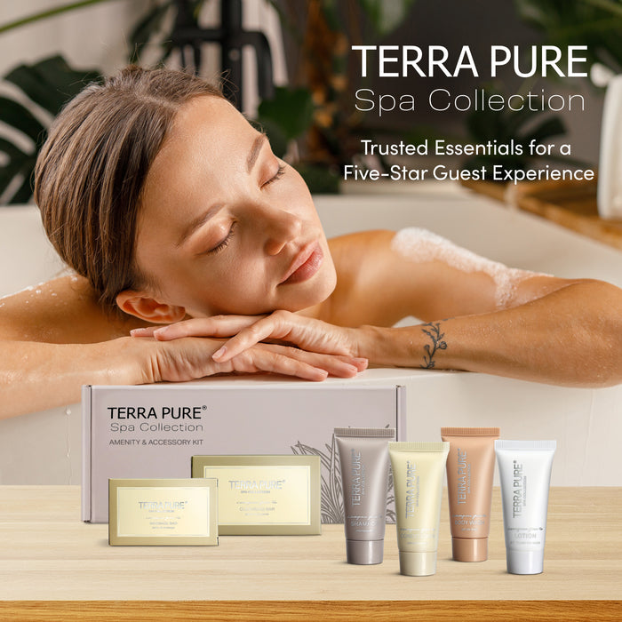 Terra Pure Spa Collection Amenity Kit | Hotel Toiletries | Bulk Set 1 oz Travel Size Shampoo, Conditioner, Lotion, Body Wash & Massage Bar for Guest Hospitality AirBnB/Vacation Rentals | 1 set/ case