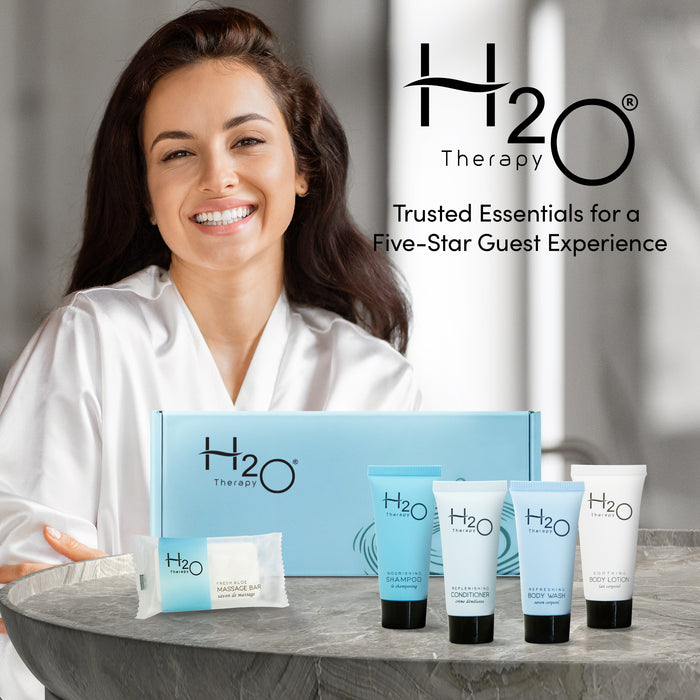 H2O Therapy Amenity Kit | Boxed Hotel Toiletries | Bulk Set .85 oz Travel Size Shampoo, Conditioner, Lotion, Body Wash & Body Bar Soap for Guest Hospitality AirBnB/Vacation Rentals | 60 sets per case