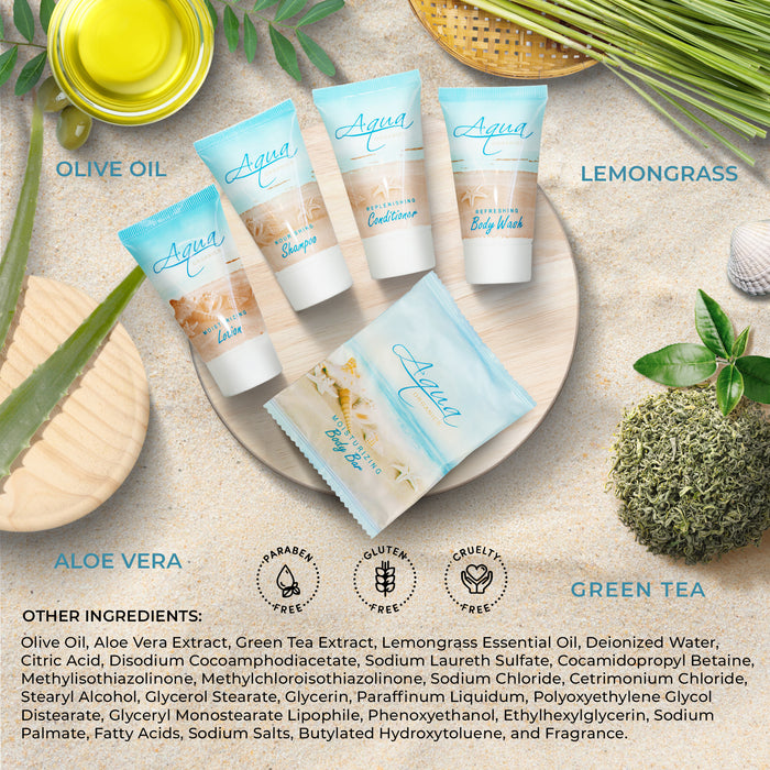 Aqua Organics Amenity Kit | Boxed Hotel Toiletries | Bulk Set 1 oz Travel Size Shampoo, Conditioner, Lotion, Body Wash & Body Bar Soap for Guest Hospitality AirBnB/Vacation Rentals | 15 sets per case