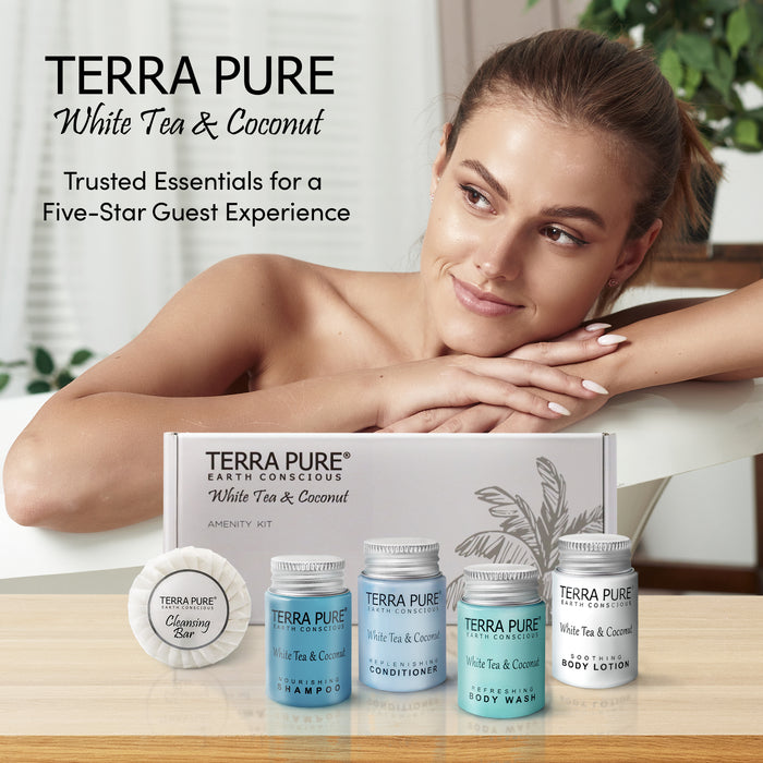 Terra Pure White Tea and Coconut Amenity Kit | Hotel Toiletries | Bulk Set 1oz Travel Size Shampoo, Conditioner, Lotion, Body Wash & Cleansing Bar for Guest Hospitality Vacation Rentals | 15 sets/case