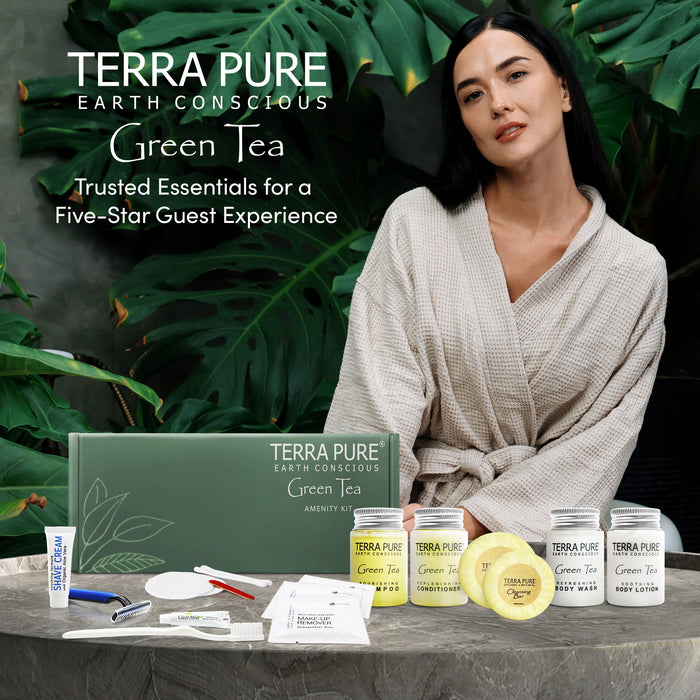 Terra Pure Green Tea Amenity & Accessory Kit | 1 oz Travel Size Shampoo, Conditioner, Lotion, Body Wash, 2 Soap Bars, Shave & Dental Sets, Make-Up Remover Wipes, & Vanity Kit | 1 set per case