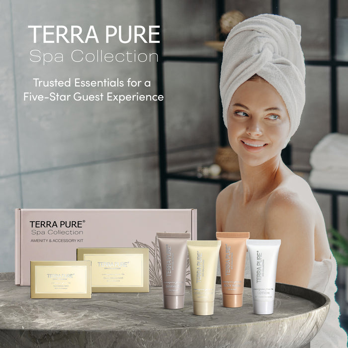 Terra Pure Spa Collection Amenity Kit | Hotel Toiletries | Bulk Set 1oz Travel Size Shampoo, Conditioner, Lotion, Body Wash & Massage Bar for Guest Hospitality AirBnB/Vacation Rentals | 15 sets/case