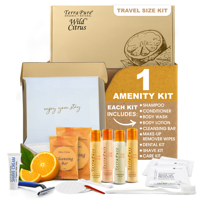 Terra Pure Amenity & Accessory Kit |1 oz Travel Size Shampoo, Conditioner, Lotion, Body Wash, 2 Cleansing Bars, Shave & Dental Sets, Make-Up Remover Wipes, & Vanity Kit | 1 set per case