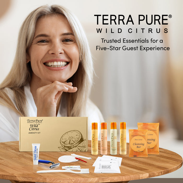 Terra Pure Amenity & Accessory Kit |1 oz Travel Size Shampoo, Conditioner, Lotion, Body Wash, 2 Cleansing Bars, Shave & Dental Sets, Make-Up Remover Wipes, & Vanity Kit | 60 sets per case