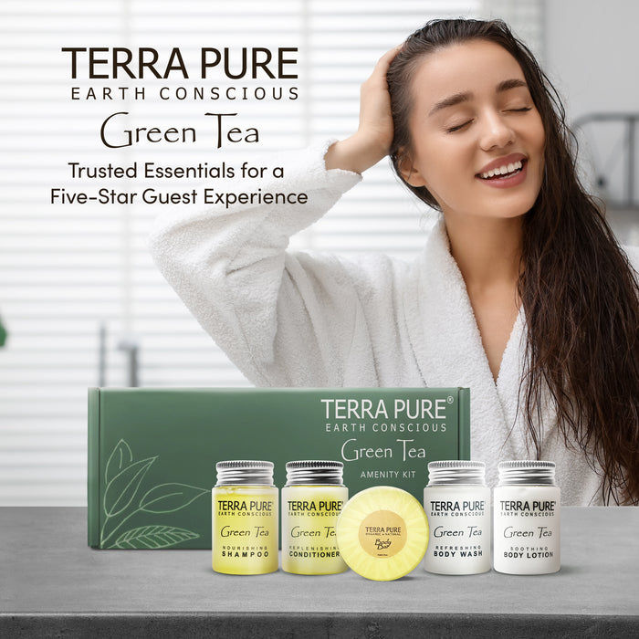 Terra Pure Green Tea Amenity Kit | Boxed Hotel Toiletries | Bulk Set 1oz Travel Size Shampoo, Conditioner, Lotion, Body Wash & Body Bar Soap for Guest Hospitality AirBnB/Vacation Rentals | 1 set/ case