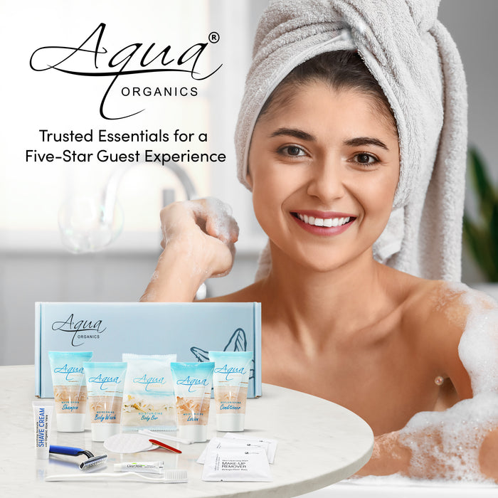 Aqua Organics Amenity & Accessory Kit | 1 oz Travel Size Shampoo, Conditioner, Lotion, Body Wash, Body Bar, Cleansing Bar, Shave & Dental Sets, Make-Up Remover Wipes, & Vanity Kit | 60 sets per case