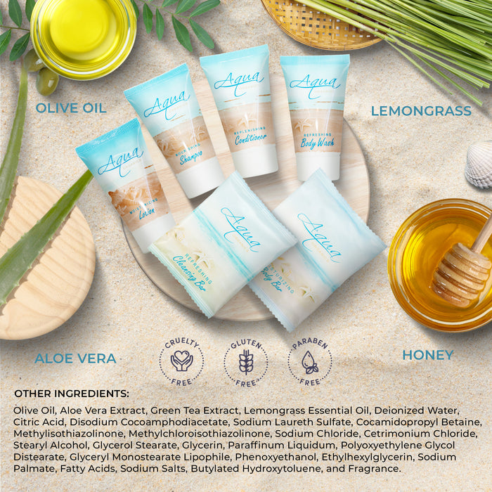 Aqua Organics Amenity & Accessory Kit | 1 oz Travel Size Shampoo, Conditioner, Lotion, Body Wash, Body Bar, Cleansing Bar, Shave & Dental Sets, Make-Up Remover Wipes, & Vanity Kit | 60 sets per case