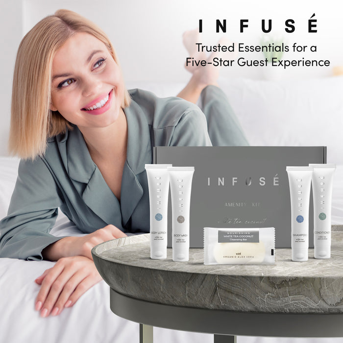 Infuse Amenity Kit | Boxed Hotel Toiletries | Bulk Set 1 oz Travel Size Shampoo, Conditioner, Lotion, Body Wash & Cleansing Bar for Guest Hospitality AirBnB/Vacation Rentals | 1 set per case