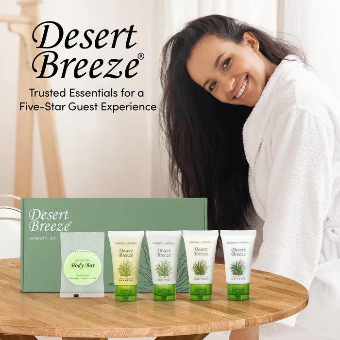 Dessert Breeze Amenity Kit | Boxed Hotel Toiletries | Bulk Set 1oz Travel Size Shampoo, Conditioner, Lotion, Body Wash & Body Bar Soap for Guest Hospitality AirBnB/Vacation Rentals | 60 sets per case