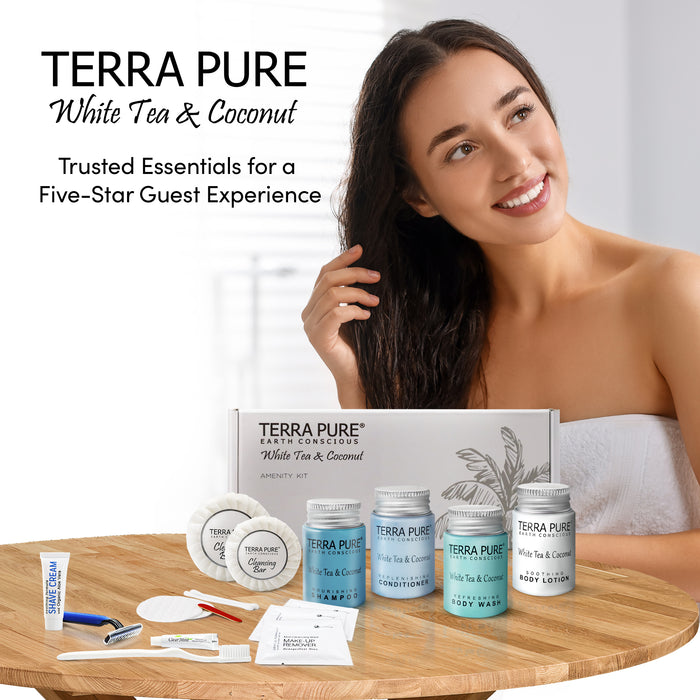 Terra Pure White Tea & Coconut Amenity & Accessory Kit |1oz Travel Size Shampoo, Conditioner, Lotion, Body Wash, 2 Cleansing Bars, Shave & Dental Sets, Make-Up Remover Wipes, & Vanity Kit | 15 Boxes