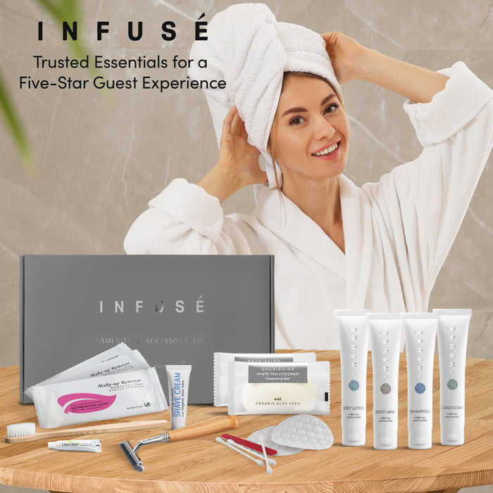 Infuse Amenity & Accessory Kit | 1 oz Travel Size Shampoo, Conditioner, Lotion, Body Wash, 2 Cleansing Bars, Shave & Dental Sets, Make-Up Remover Wipes, & Vanity Kit | 15 sets per case