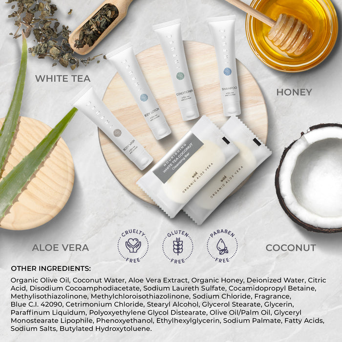 Infuse Amenity & Accessory Kit | 1 oz Travel Size Shampoo, Conditioner, Lotion, Body Wash, 2 Cleansing Bars, Shave & Dental Sets, Make-Up Remover Wipes, & Vanity Kit | 15 sets per case