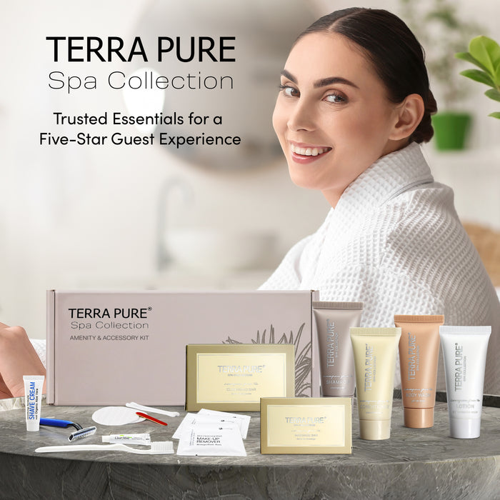 Terra Pure Spa Collection | Amenity & Accessory Kit |1 oz Travel Size Shampoo, Conditioner, Lotion, Body Wash, 2 Soap Bars, Shave & Dental Sets, Make-Up Remover Wipes, & Vanity Kit | 60 sets/case