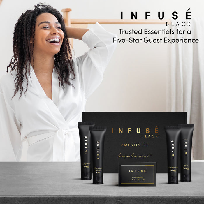 Infuse Black Amenity Kit | Boxed Hotel Toiletries | Bulk Set 1 oz Travel Size Shampoo, Conditioner, Lotion, Body Wash & Cleansing Bar for Guest Hospitality AirBnB/Vacation Rentals | 15 sets per case