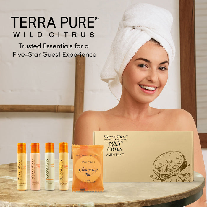 Terra Pure Amenity Kit | Boxed Hotel Toiletries | Bulk Set 1oz Travel Size Shampoo, Conditioner, Lotion, Body Wash & Cleansing Bar for Guest Hospitality AirBnB/Vacation Rentals | 15 sets per case