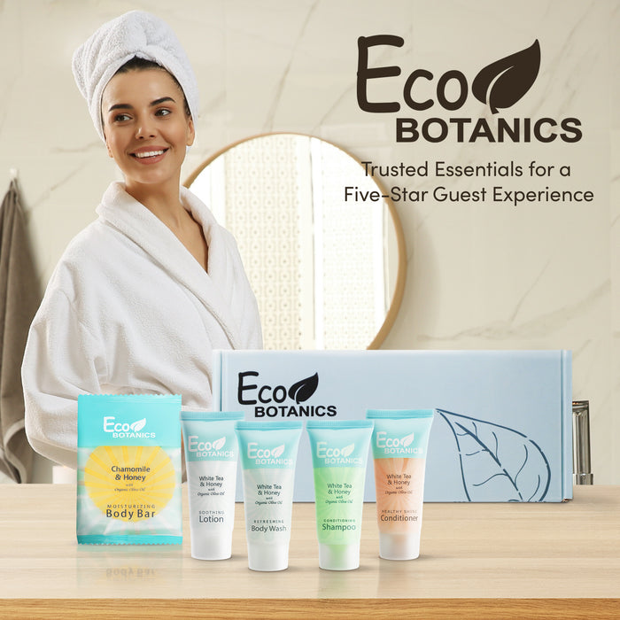 Eco Botanics Amenity Kit | Boxed Hotel Toiletries | Bulk Set .85 oz Travel Size Shampoo, Conditioner, Lotion, Body Wash & Body Bar Soap for Guest Hospitality AirBnB/Vacation Rentals | 60 sets per case