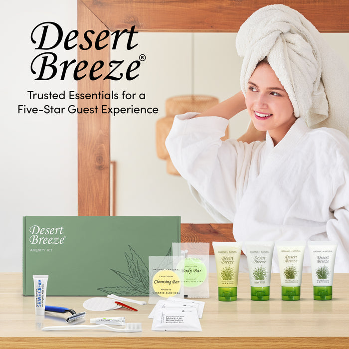 Desert Breeze Amenity & Accessory Kit | 1 oz Travel Size Shampoo, Conditioner, Lotion, Body Wash, Body Bar, Cleansing Bar, Shave & Dental Sets, Make-Up Remover Wipes, & Vanity Kit | 60 sets per case