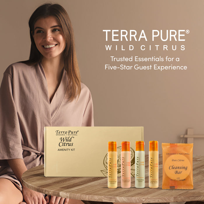 Terra Pure Amenity Kit | Boxed Hotel Toiletries | Bulk Set 1 oz Travel Size Shampoo, Conditioner, Lotion, Body Wash & Cleansing Bar for Guest Hospitality AirBnB/Vacation Rentals | 1 set per case