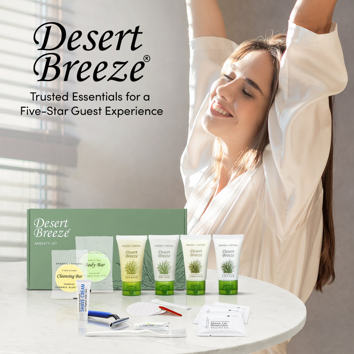 Desert Breeze Amenity & Accessory Kit | 1 oz Travel Size Shampoo, Conditioner, Lotion, Body Wash, Body Bar, Cleansing Bar, Shave & Dental Sets, Make-Up Remover Wipes, & Vanity Kit | 1 set per case