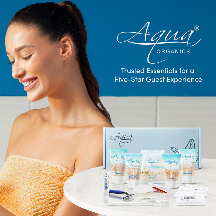 Aqua Organics Amenity & Accessory Kit | 1 oz Travel Size Shampoo, Conditioner, Lotion, Body Wash, Body Bar, Cleansing Bar, Shave & Dental Sets, Make-Up Remover Wipes, & Vanity Kit | 15 sets per case