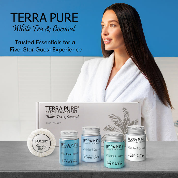 Terra Pure White Tea and Coconut Amenity Kit | Hotel Toiletries | 1oz Travel Size Shampoo, Conditioner, Lotion, Body Wash & Cleansing Bar for Guest Hospitality AirBnB/Vacation Rentals | 1 set/case