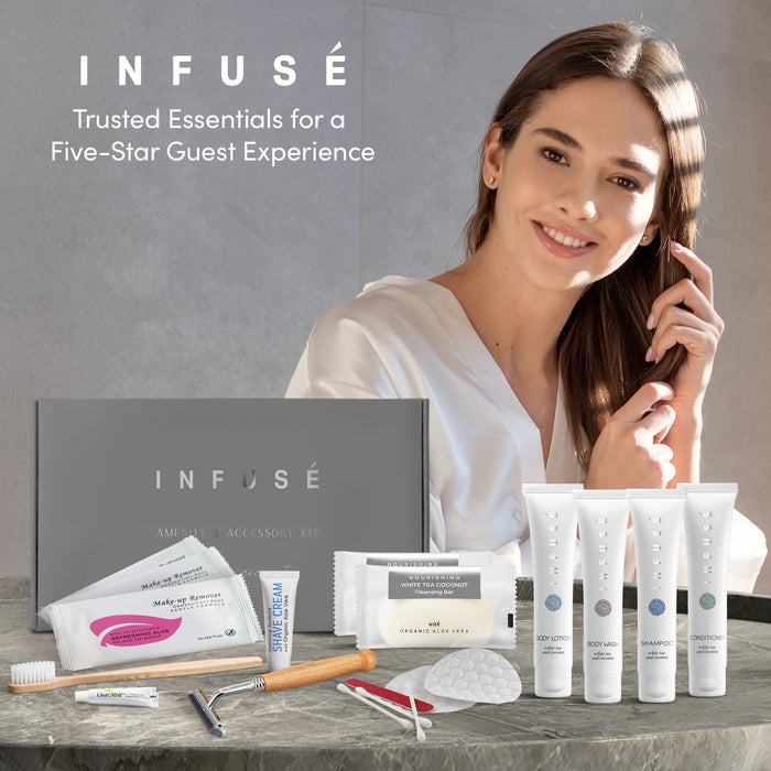 Infuse Amenity & Accessory Kit | 1 oz Travel Size Shampoo, Conditioner, Lotion, Body Wash, 2 Cleansing Bars, Shave & Dental Sets, Make-Up Remover Wipes, & Vanity Kit | 60 sets per case