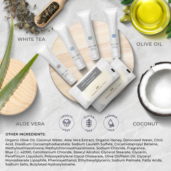 Infuse Amenity & Accessory Kit | 1 oz Travel Size Shampoo, Conditioner, Lotion, Body Wash, 2 Cleansing Bars, Shave & Dental Sets, Make-Up Remover Wipes, & Vanity Kit | 60 sets per case
