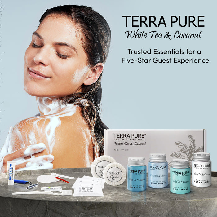 Terra Pure White Tea & Coconut Amenity & Accessory Kit |1oz Travel Size Shampoo, Conditioner, Lotion, Body Wash, 2 Cleansing Bars, Shave & Dental Sets, Make-Up Remover Wipes, & Vanity Kit | 60 Boxes