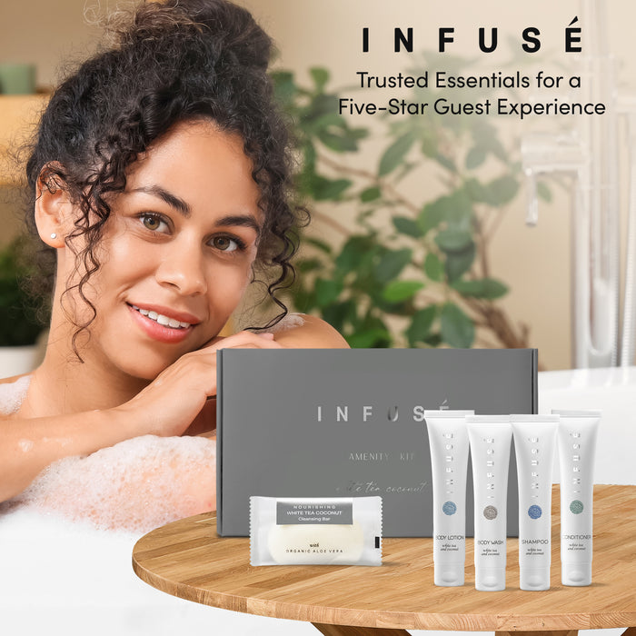 Infuse Amenity Kit | Boxed Hotel Toiletries | Bulk Set 1 oz Travel Size Shampoo, Conditioner, Lotion, Body Wash & Cleansing Bar for Guest Hospitality AirBnB/Vacation Rentals | 15 sets per case